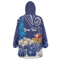 New Zealand Christmas In July Personalised Wearable Blanket Hoodie Funny Santa Sheep Meri Kirihimete Blue