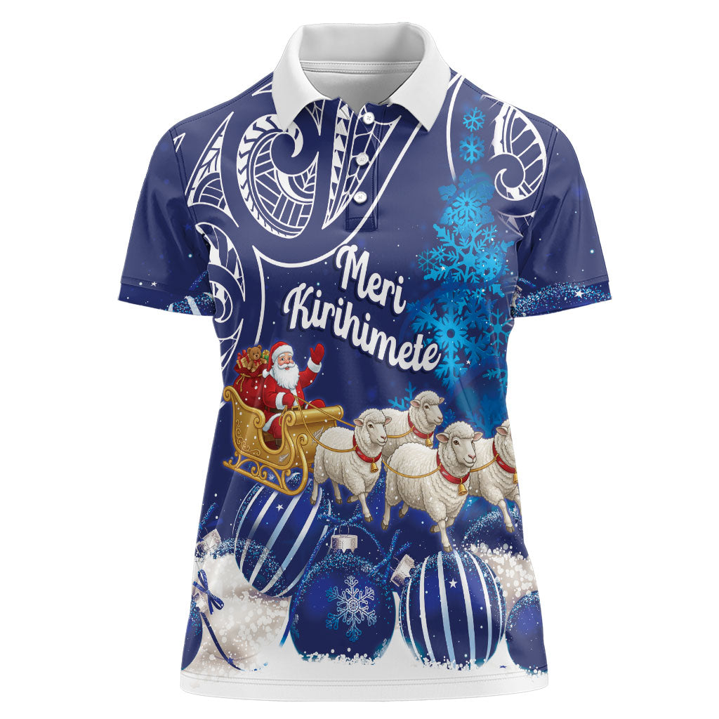 New Zealand Christmas In July Personalised Women Polo Shirt Funny Santa Sheep Meri Kirihimete Blue