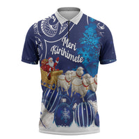 New Zealand Christmas In July Personalised Zipper Polo Shirt Funny Santa Sheep Meri Kirihimete Blue