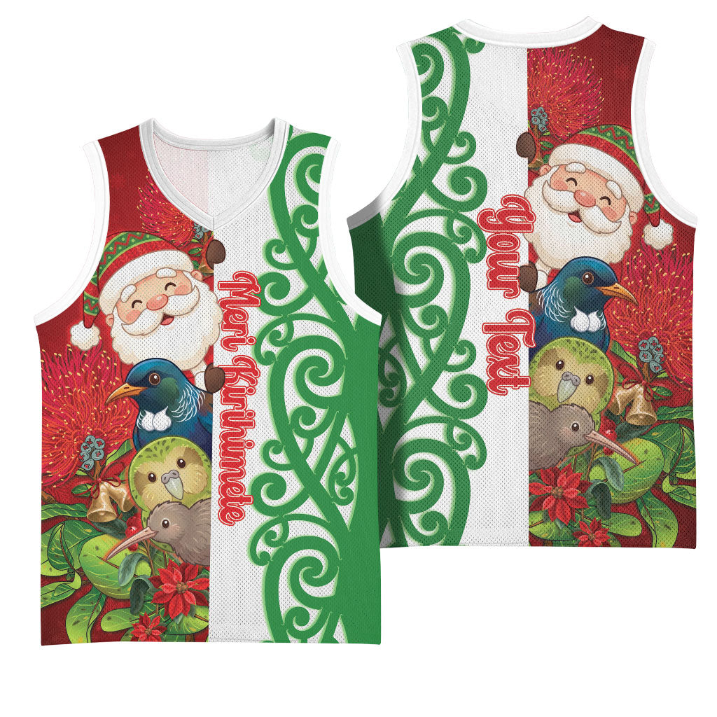 Meri Kirihimete New Zealand Personalised Basketball Jersey Cute Santa NZ Animals and Pohutukawa