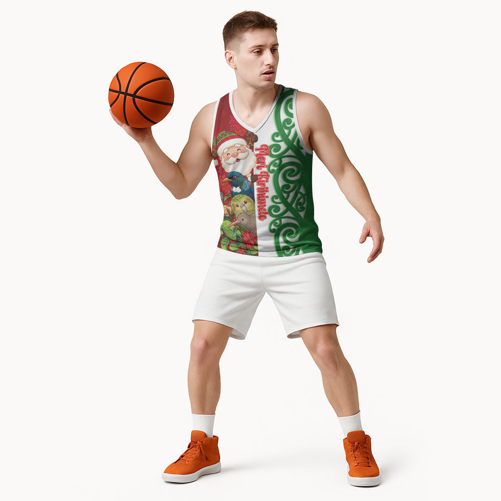 Meri Kirihimete New Zealand Personalised Basketball Jersey Cute Santa NZ Animals and Pohutukawa