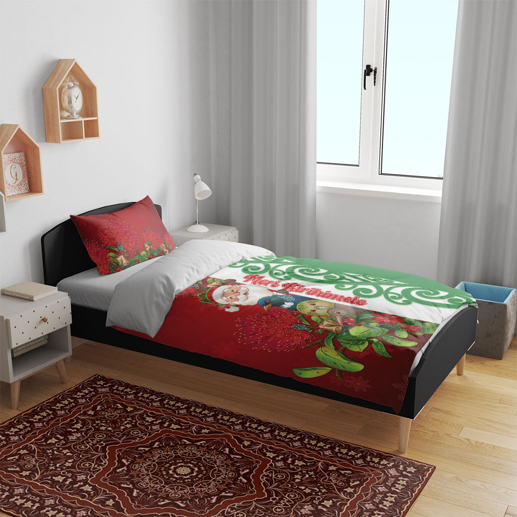 Meri Kirihimete New Zealand Bedding Set Cute Santa NZ Animals and Pohutukawa