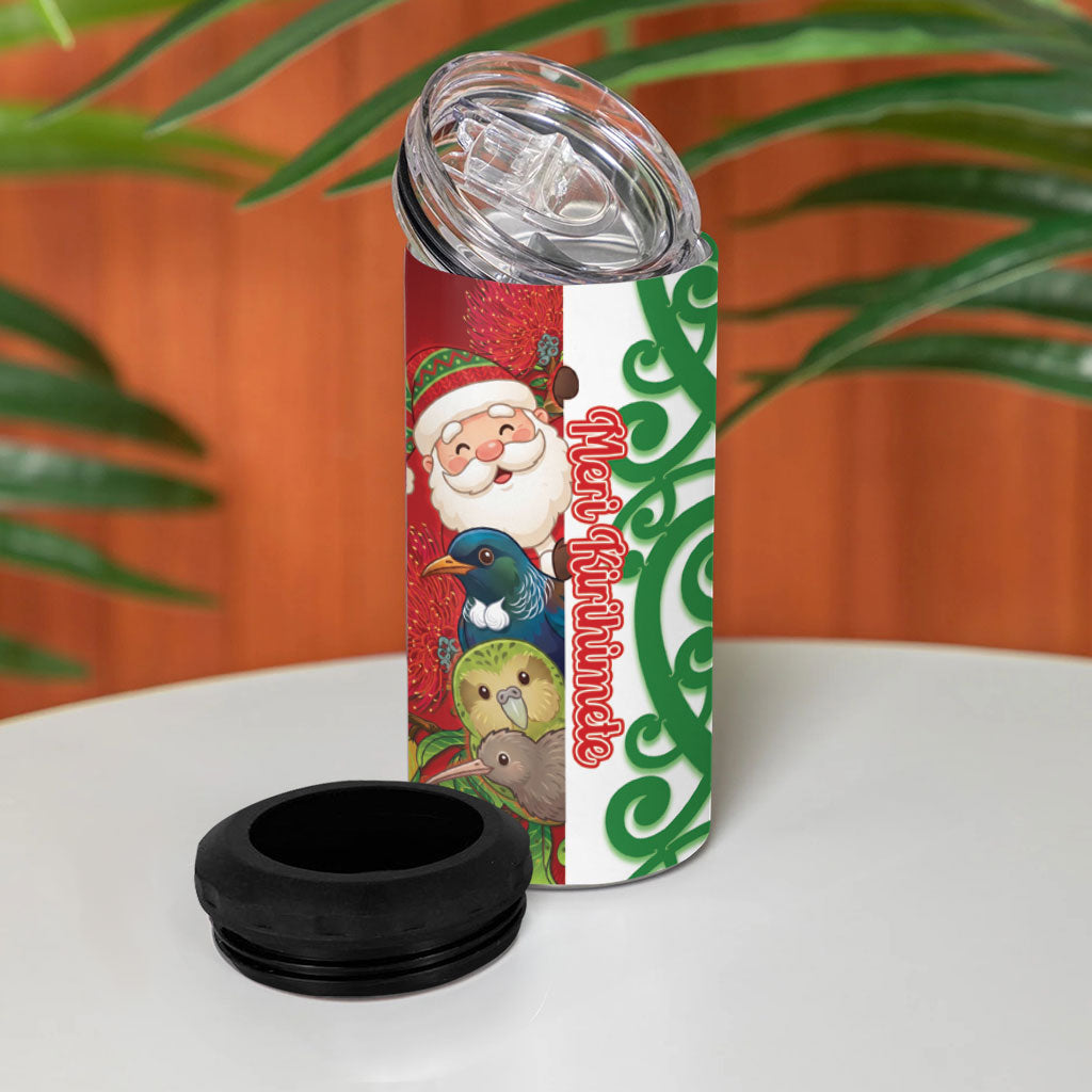 Meri Kirihimete New Zealand Personalised 4 in 1 Can Cooler Tumbler Cute Santa NZ Animals and Pohutukawa