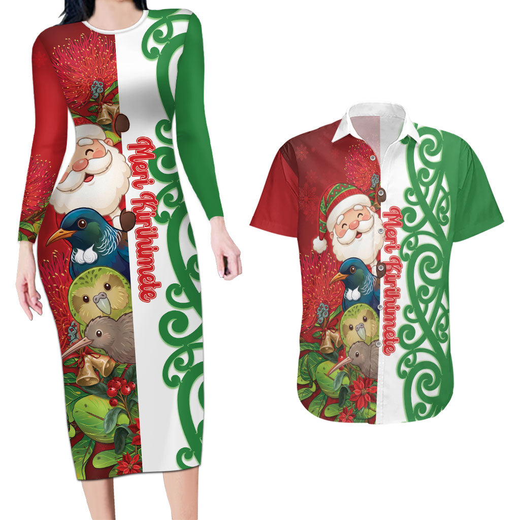 Meri Kirihimete New Zealand Personalised Couples Matching Long Sleeve Bodycon Dress and Hawaiian Shirt Cute Santa NZ Animals and Pohutukawa