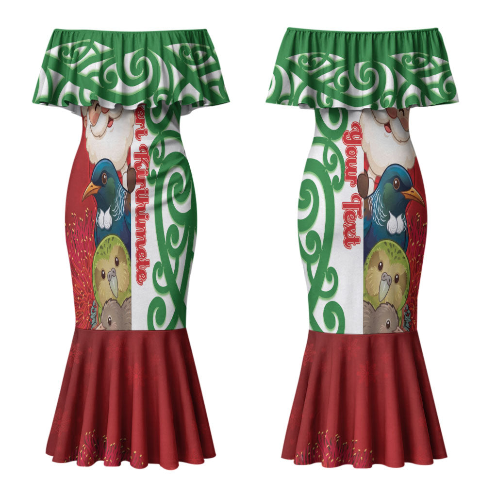 Meri Kirihimete New Zealand Personalised Couples Matching Mermaid Dress and Long Sleeve Button Shirt Cute Santa NZ Animals and Pohutukawa LT14 - Polynesian Pride
