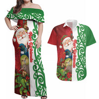 Meri Kirihimete New Zealand Personalised Couples Matching Off Shoulder Maxi Dress and Hawaiian Shirt Cute Santa NZ Animals and Pohutukawa