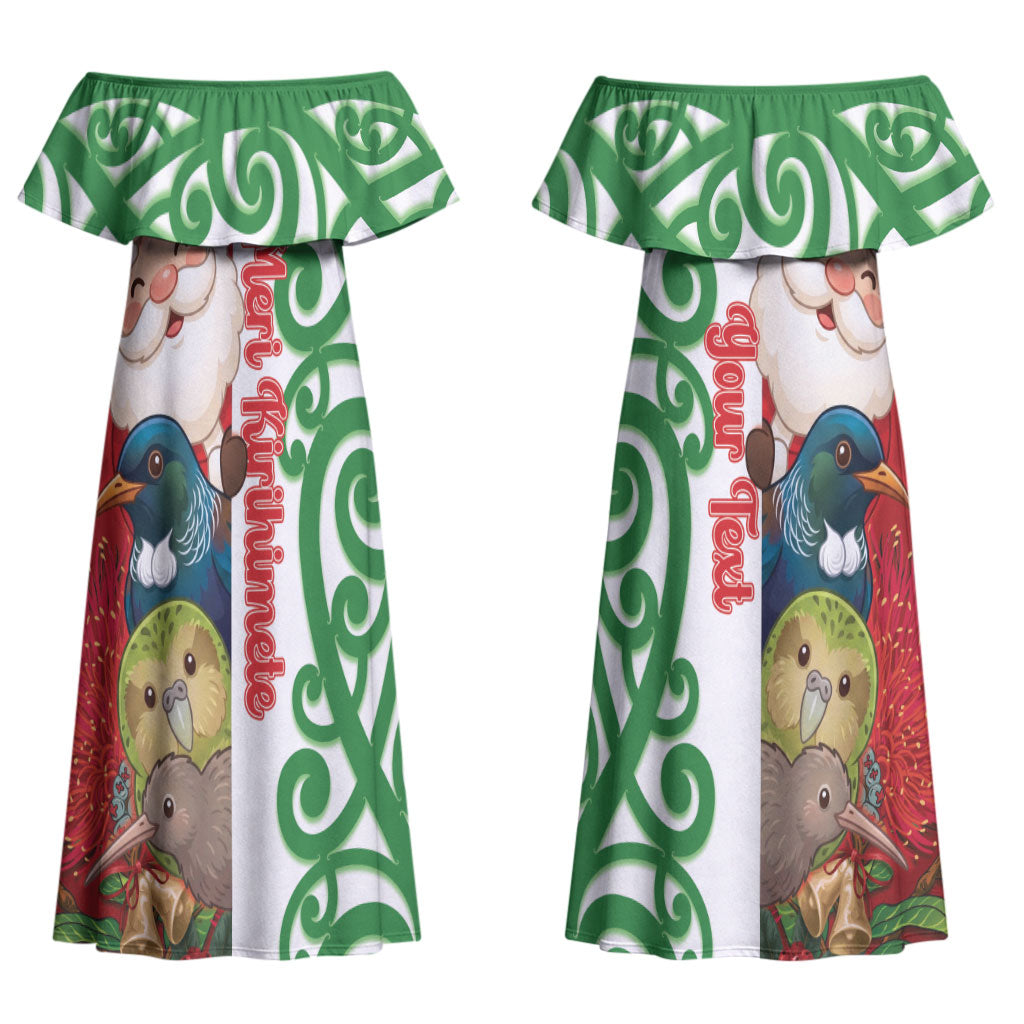 Meri Kirihimete New Zealand Personalised Couples Matching Off Shoulder Maxi Dress and Long Sleeve Button Shirt Cute Santa NZ Animals and Pohutukawa LT14 - Polynesian Pride