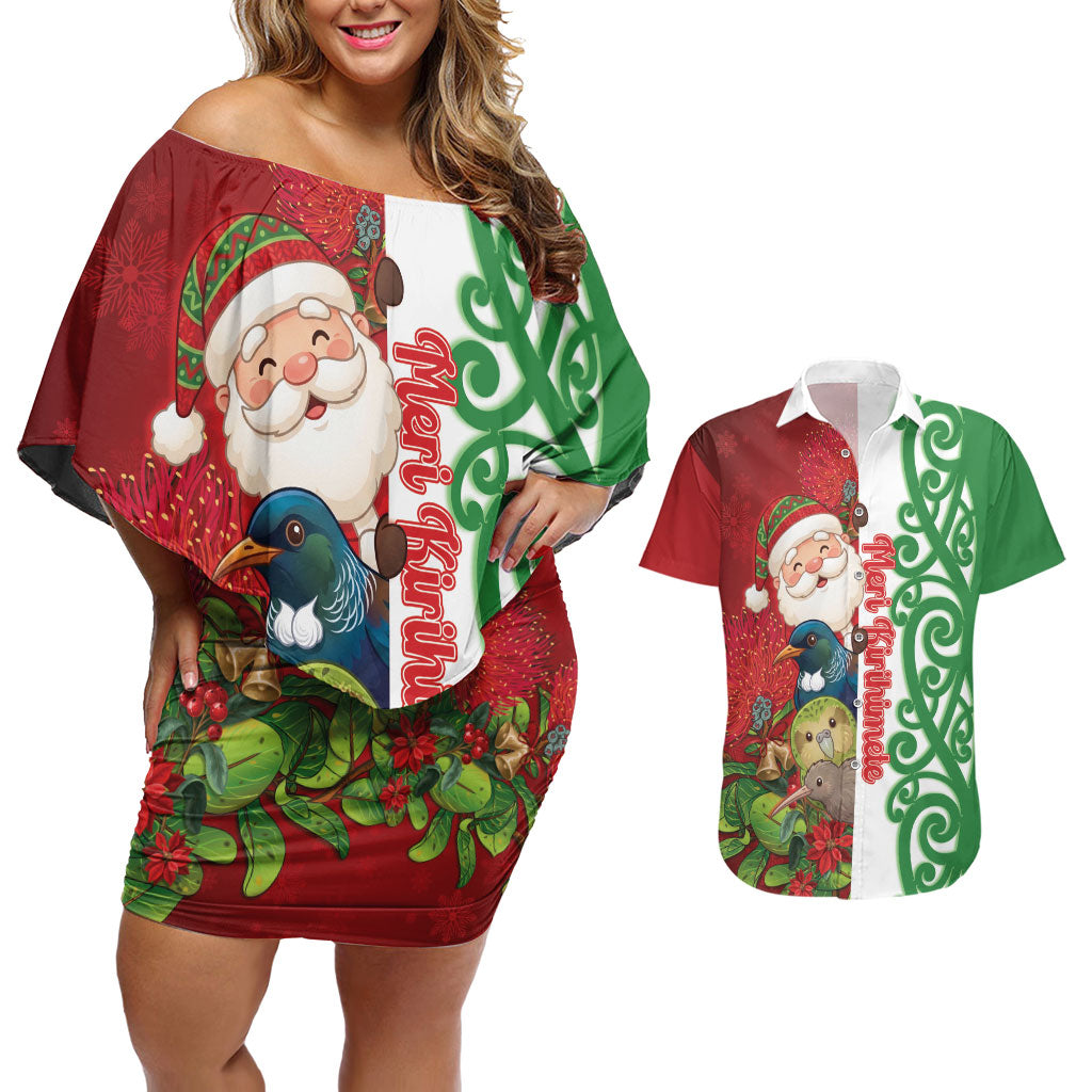 Meri Kirihimete New Zealand Personalised Couples Matching Off Shoulder Short Dress and Hawaiian Shirt Cute Santa NZ Animals and Pohutukawa