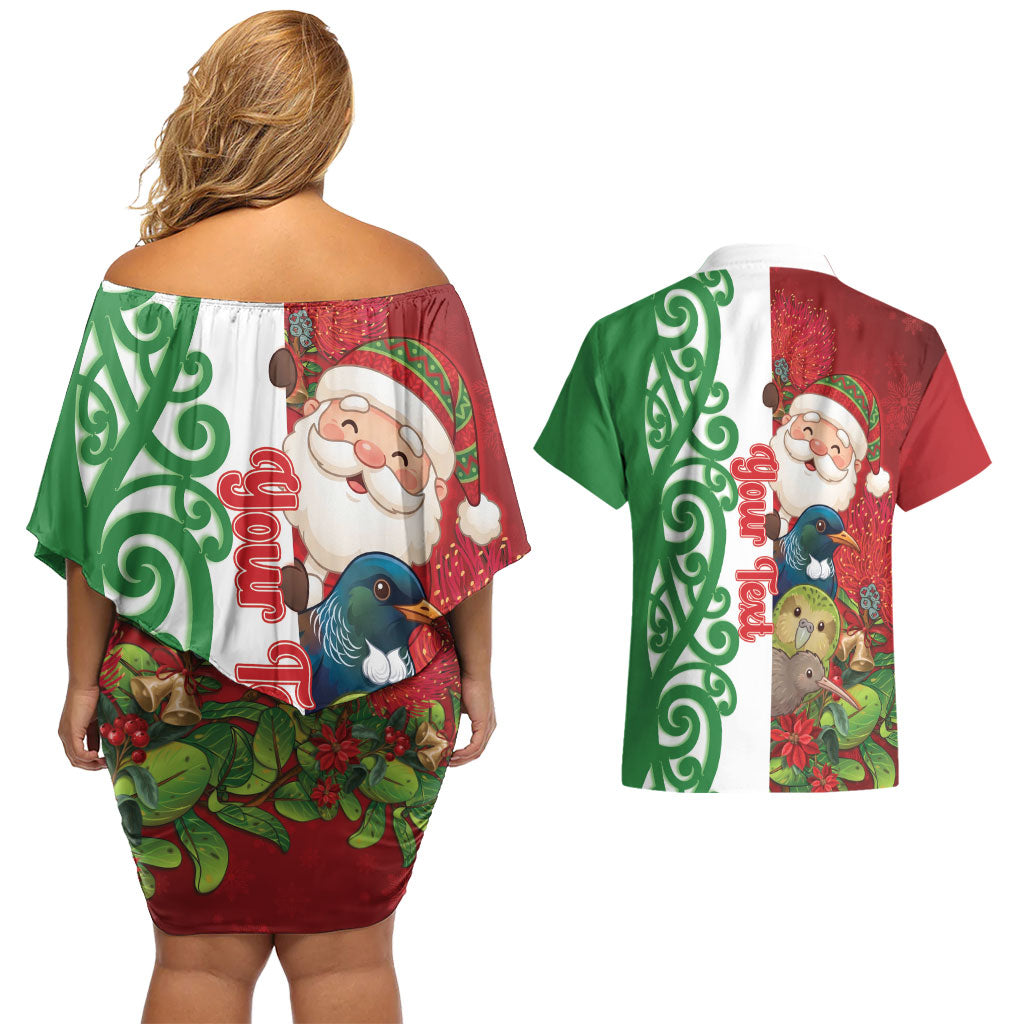 Meri Kirihimete New Zealand Personalised Couples Matching Off Shoulder Short Dress and Hawaiian Shirt Cute Santa NZ Animals and Pohutukawa