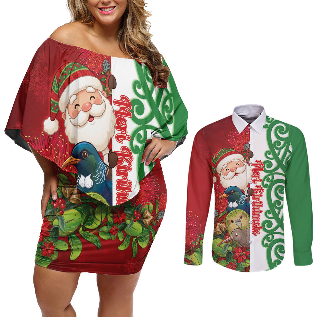 Meri Kirihimete New Zealand Personalised Couples Matching Off Shoulder Short Dress and Long Sleeve Button Shirt Cute Santa NZ Animals and Pohutukawa