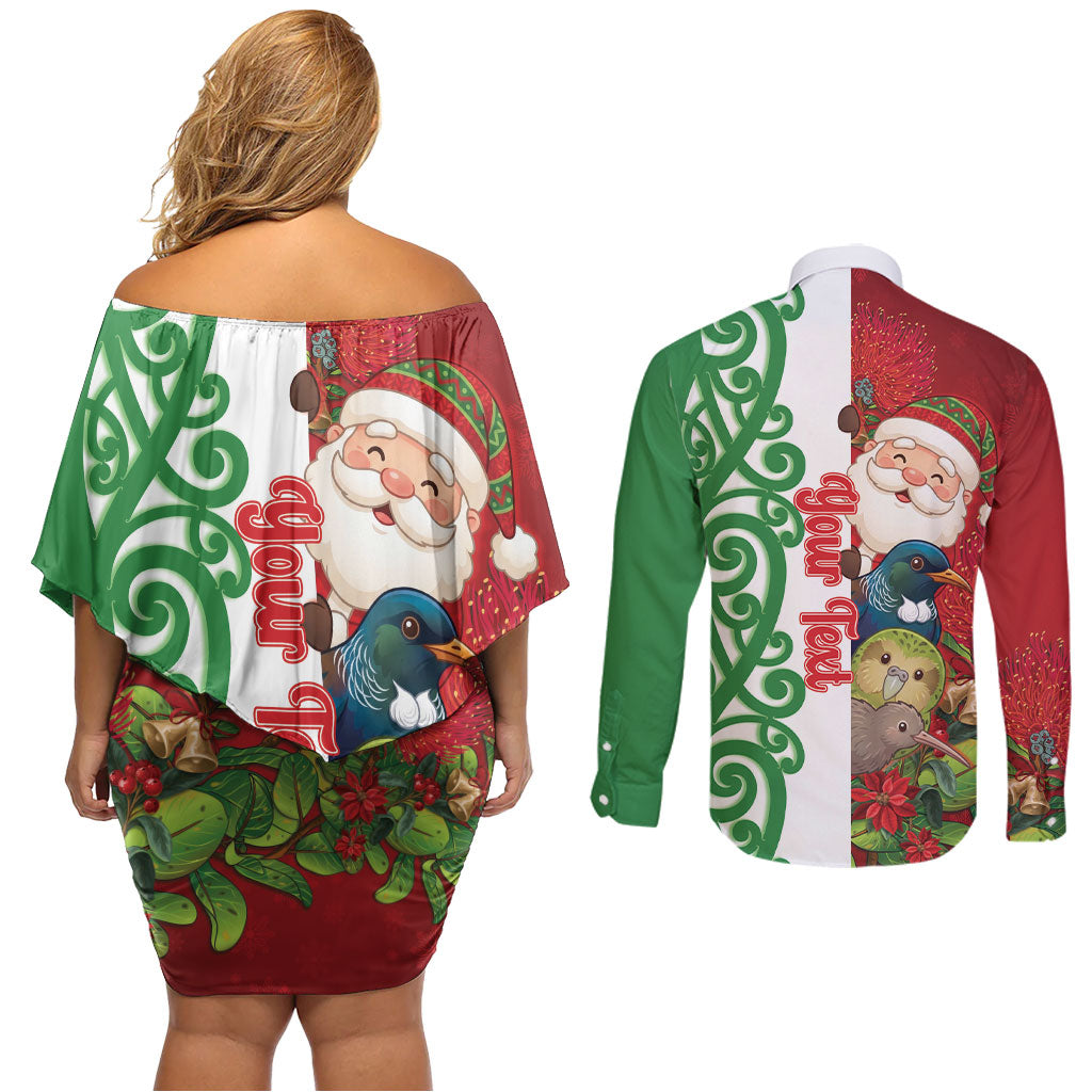 Meri Kirihimete New Zealand Personalised Couples Matching Off Shoulder Short Dress and Long Sleeve Button Shirt Cute Santa NZ Animals and Pohutukawa