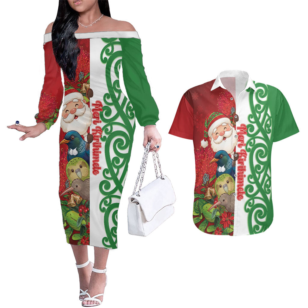 Meri Kirihimete New Zealand Personalised Couples Matching Off The Shoulder Long Sleeve Dress and Hawaiian Shirt Cute Santa NZ Animals and Pohutukawa LT14 Red - Polynesian Pride