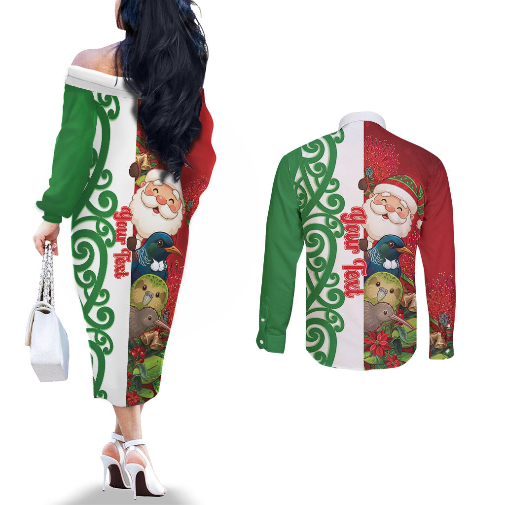Meri Kirihimete New Zealand Personalised Couples Matching Off The Shoulder Long Sleeve Dress and Long Sleeve Button Shirt Cute Santa NZ Animals and Pohutukawa