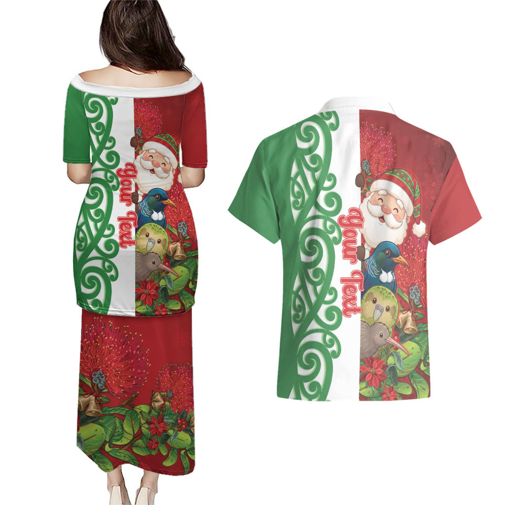 Meri Kirihimete New Zealand Personalised Couples Matching Puletasi and Hawaiian Shirt Cute Santa NZ Animals and Pohutukawa