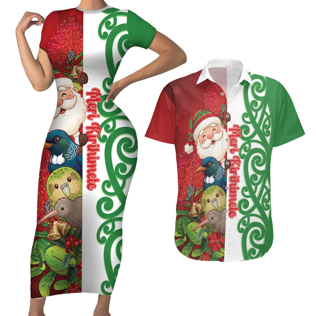 Meri Kirihimete New Zealand Personalised Couples Matching Short Sleeve Bodycon Dress and Hawaiian Shirt Cute Santa NZ Animals and Pohutukawa LT14 Red - Polynesian Pride