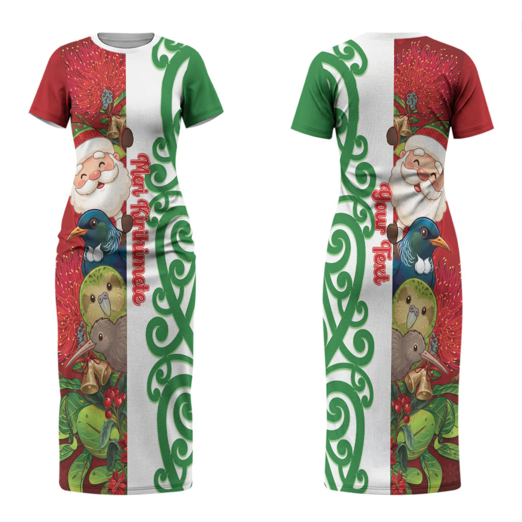 Meri Kirihimete New Zealand Personalised Couples Matching Short Sleeve Bodycon Dress and Hawaiian Shirt Cute Santa NZ Animals and Pohutukawa LT14 - Polynesian Pride