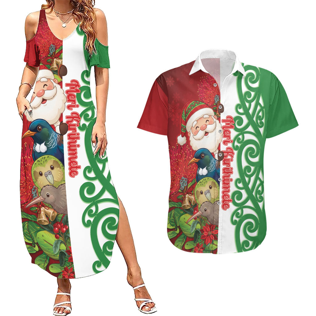 Meri Kirihimete New Zealand Personalised Couples Matching Summer Maxi Dress and Hawaiian Shirt Cute Santa NZ Animals and Pohutukawa LT14 Red - Polynesian Pride