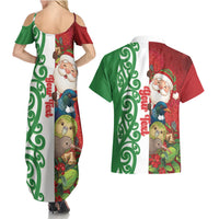 Meri Kirihimete New Zealand Personalised Couples Matching Summer Maxi Dress and Hawaiian Shirt Cute Santa NZ Animals and Pohutukawa