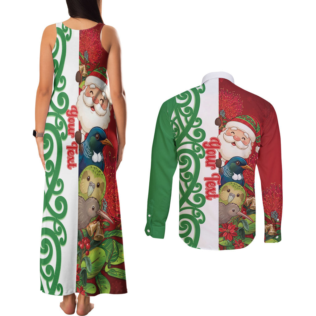 Meri Kirihimete New Zealand Personalised Couples Matching Tank Maxi Dress and Long Sleeve Button Shirt Cute Santa NZ Animals and Pohutukawa