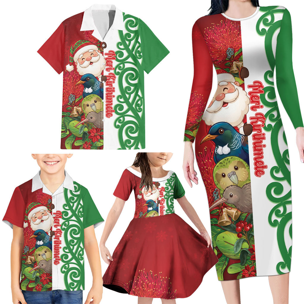 Meri Kirihimete New Zealand Personalised Family Matching Long Sleeve Bodycon Dress and Hawaiian Shirt Cute Santa NZ Animals and Pohutukawa
