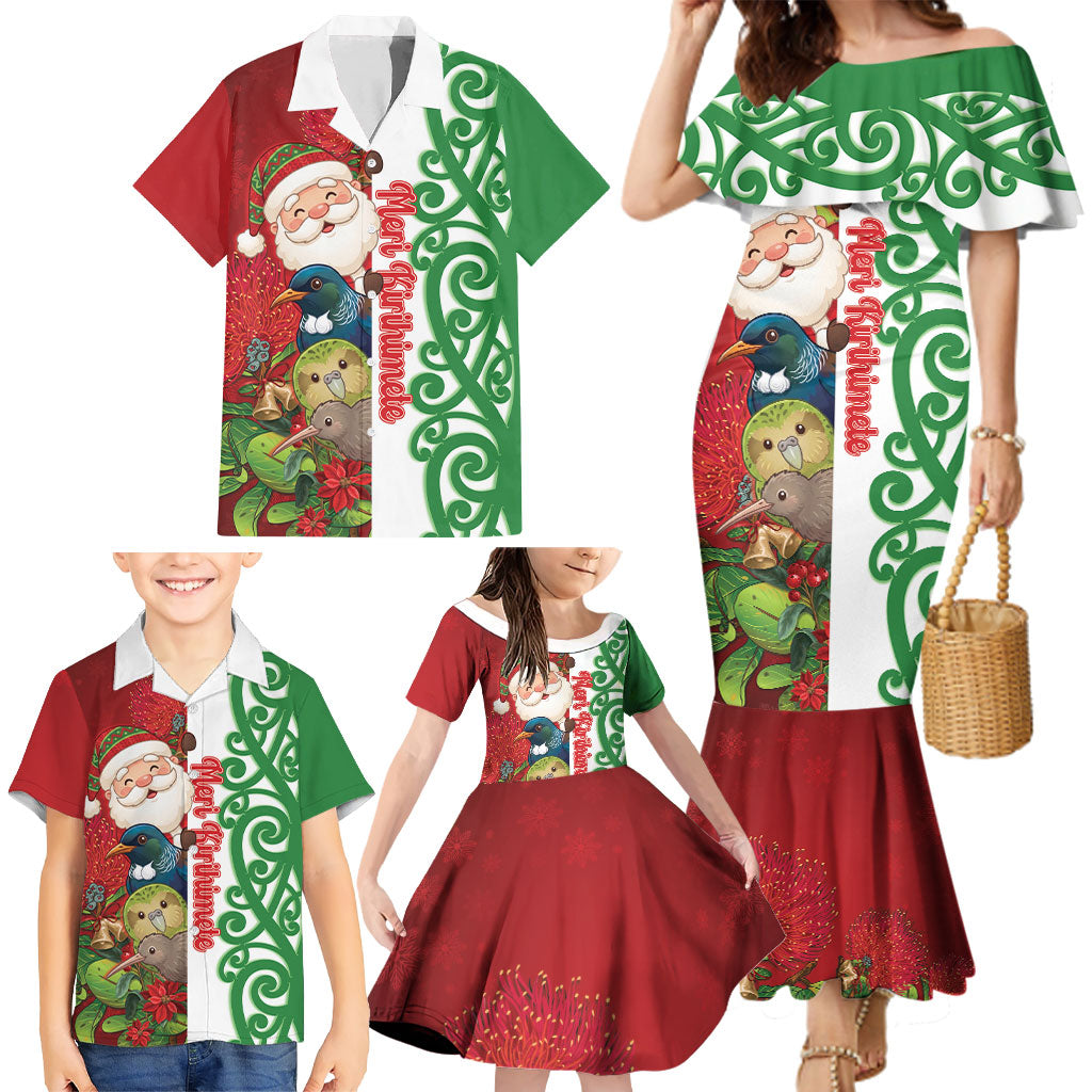 Meri Kirihimete New Zealand Personalised Family Matching Mermaid Dress and Hawaiian Shirt Cute Santa NZ Animals and Pohutukawa