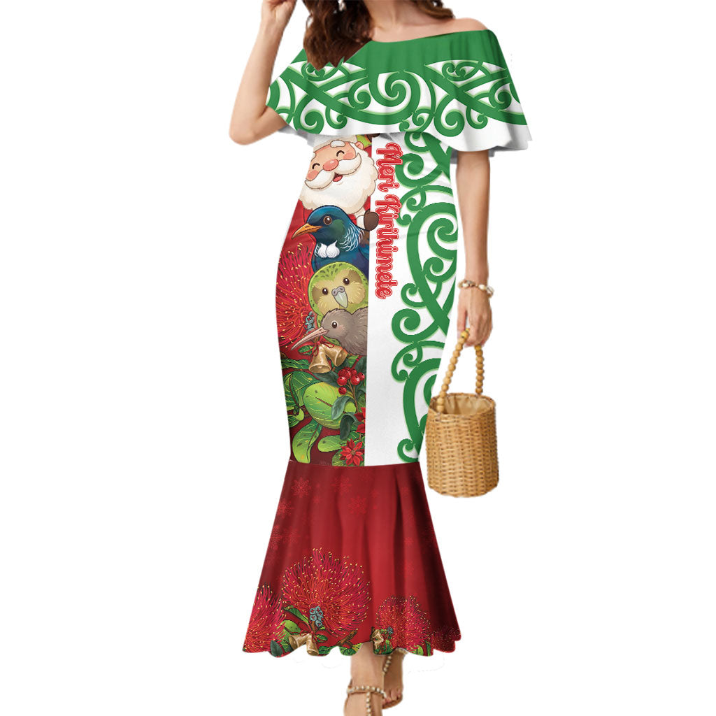 Meri Kirihimete New Zealand Personalised Family Matching Mermaid Dress and Hawaiian Shirt Cute Santa NZ Animals and Pohutukawa