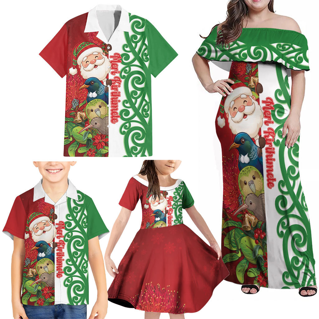 Meri Kirihimete New Zealand Personalised Family Matching Off Shoulder Maxi Dress and Hawaiian Shirt Cute Santa NZ Animals and Pohutukawa LT14 - Polynesian Pride