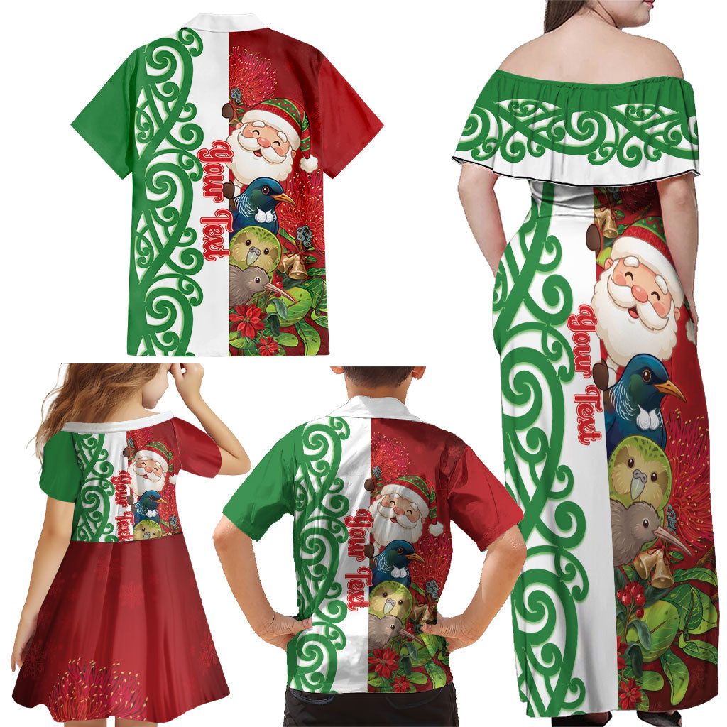 Meri Kirihimete New Zealand Personalised Family Matching Off Shoulder Maxi Dress and Hawaiian Shirt Cute Santa NZ Animals and Pohutukawa