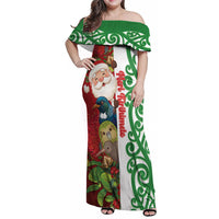 Meri Kirihimete New Zealand Personalised Family Matching Off Shoulder Maxi Dress and Hawaiian Shirt Cute Santa NZ Animals and Pohutukawa
