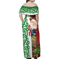 Meri Kirihimete New Zealand Personalised Family Matching Off Shoulder Maxi Dress and Hawaiian Shirt Cute Santa NZ Animals and Pohutukawa