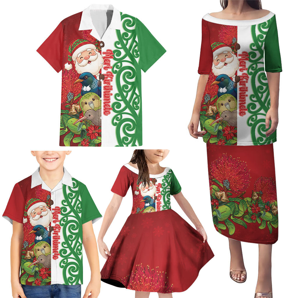 Meri Kirihimete New Zealand Personalised Family Matching Puletasi and Hawaiian Shirt Cute Santa NZ Animals and Pohutukawa LT14 - Polynesian Pride