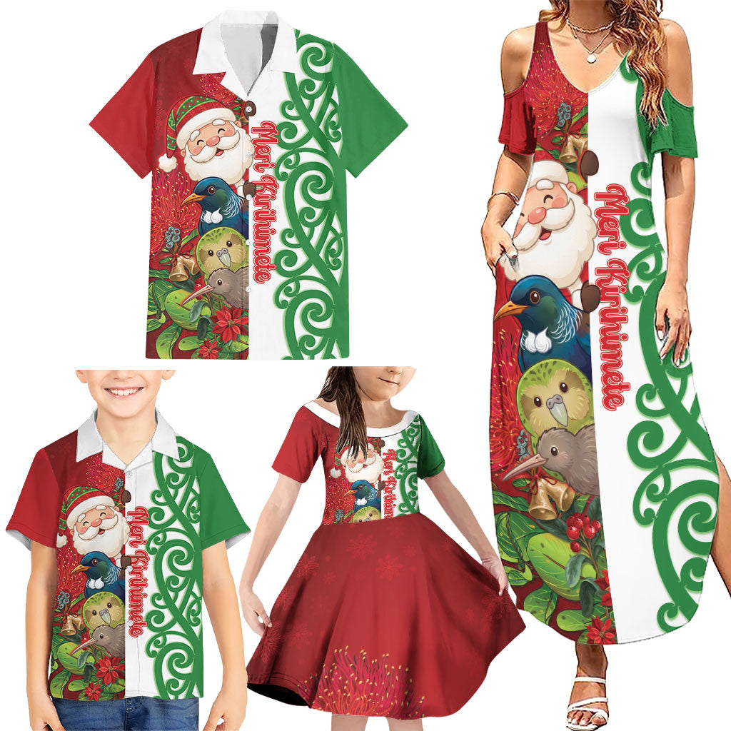 Meri Kirihimete New Zealand Personalised Family Matching Summer Maxi Dress and Hawaiian Shirt Cute Santa NZ Animals and Pohutukawa