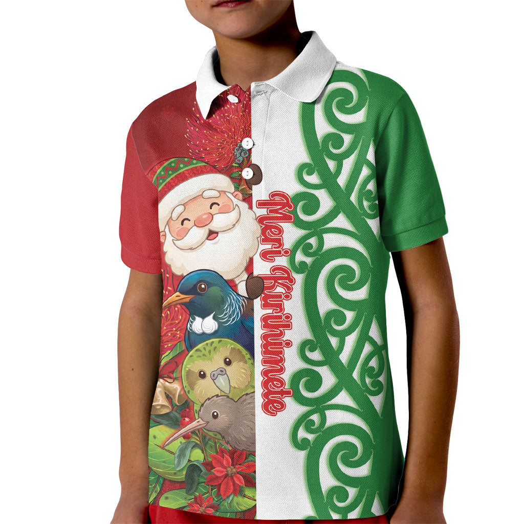 Meri Kirihimete New Zealand Personalised Kid Polo Shirt Cute Santa NZ Animals and Pohutukawa