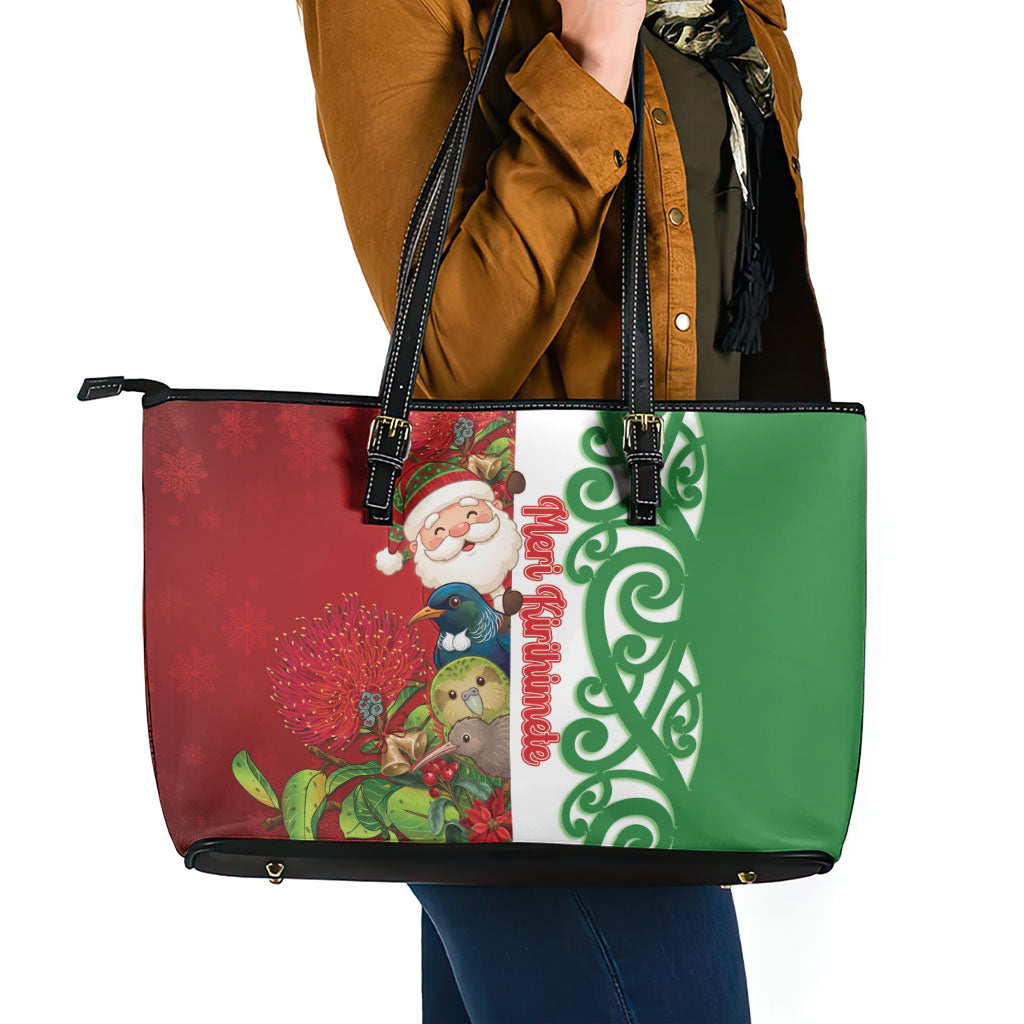 Meri Kirihimete New Zealand Leather Tote Bag Cute Santa NZ Animals and Pohutukawa