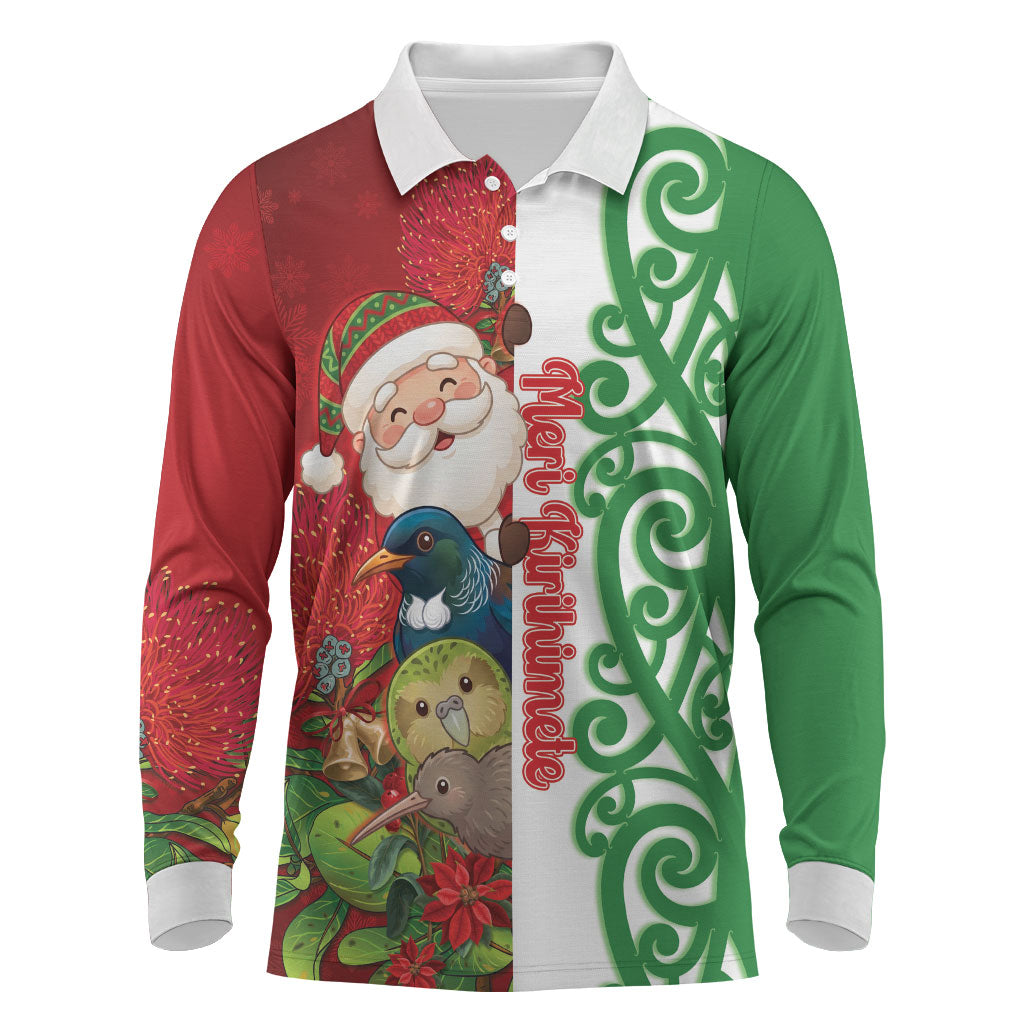 Meri Kirihimete New Zealand Personalised Long Sleeve Polo Shirt Cute Santa NZ Animals and Pohutukawa