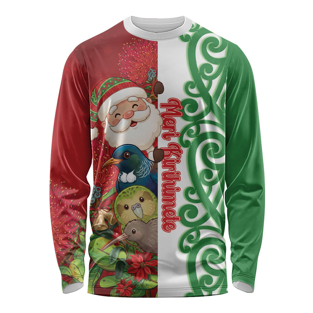 Meri Kirihimete New Zealand Personalised Long Sleeve Shirt Cute Santa NZ Animals and Pohutukawa LT14 Unisex Red - Polynesian Pride