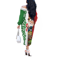 Meri Kirihimete New Zealand Personalised Off The Shoulder Long Sleeve Dress Cute Santa NZ Animals and Pohutukawa