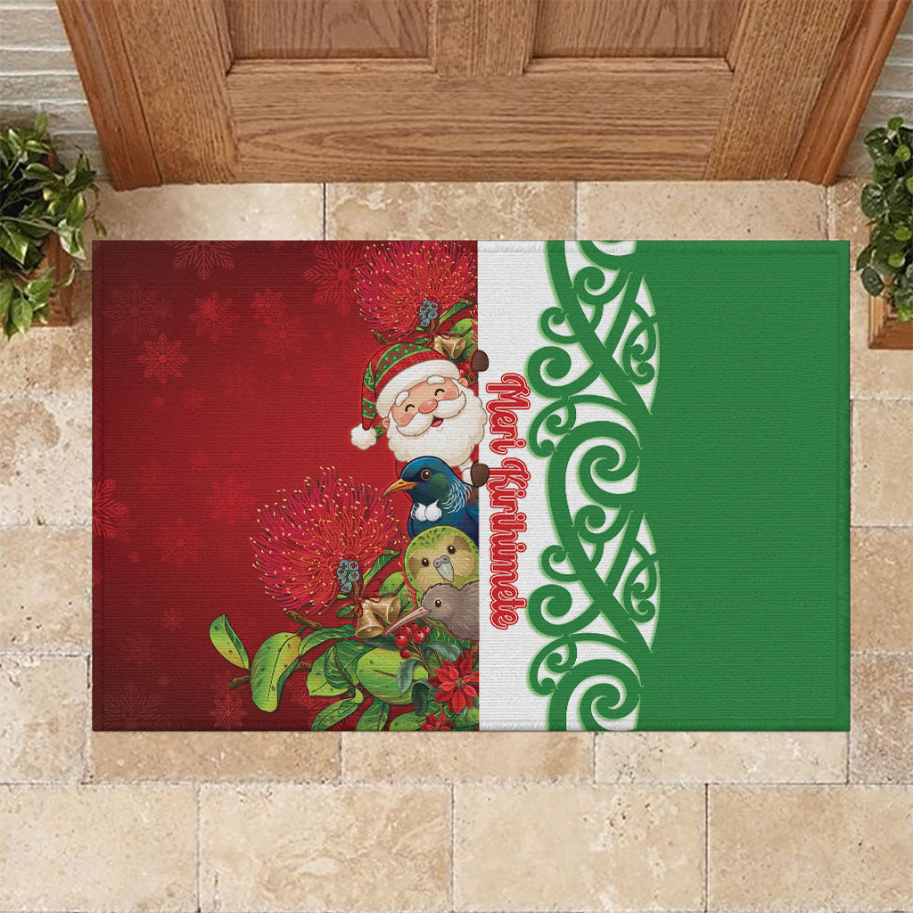 Meri Kirihimete New Zealand Rubber Doormat Cute Santa NZ Animals and Pohutukawa LT14 Red - Polynesian Pride