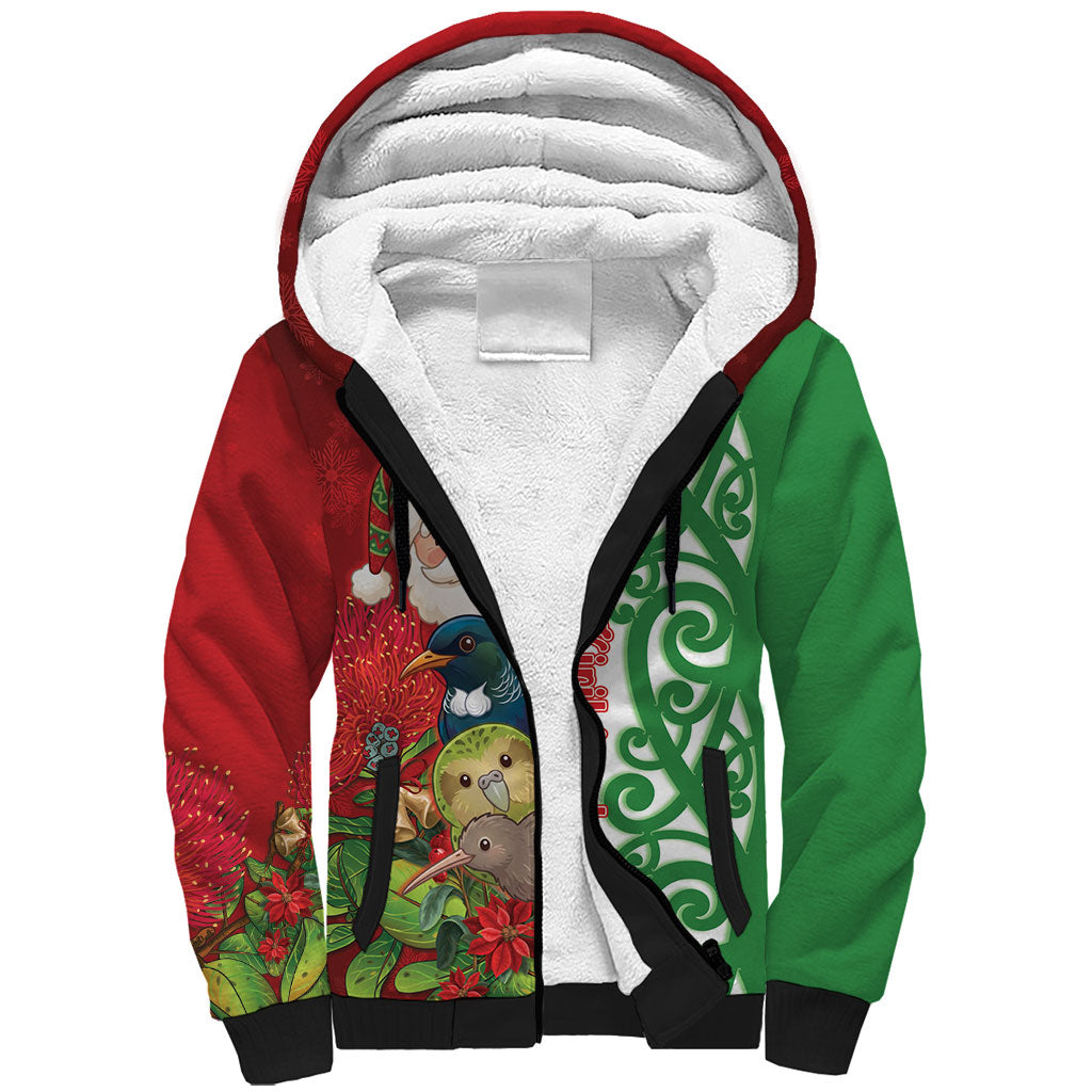 Meri Kirihimete New Zealand Personalised Sherpa Hoodie Cute Santa NZ Animals and Pohutukawa