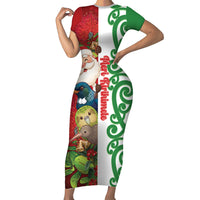 Meri Kirihimete New Zealand Personalised Short Sleeve Bodycon Dress Cute Santa NZ Animals and Pohutukawa