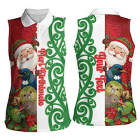 Meri Kirihimete New Zealand Personalised Women Sleeveless Polo Shirt Cute Santa NZ Animals and Pohutukawa