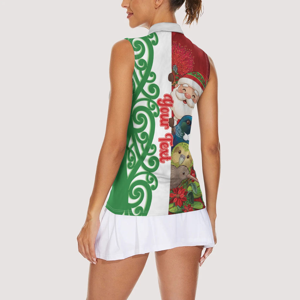 Meri Kirihimete New Zealand Personalised Women Sleeveless Polo Shirt Cute Santa NZ Animals and Pohutukawa