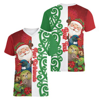 Meri Kirihimete New Zealand Personalised Women V-Neck T-Shirt Cute Santa NZ Animals and Pohutukawa