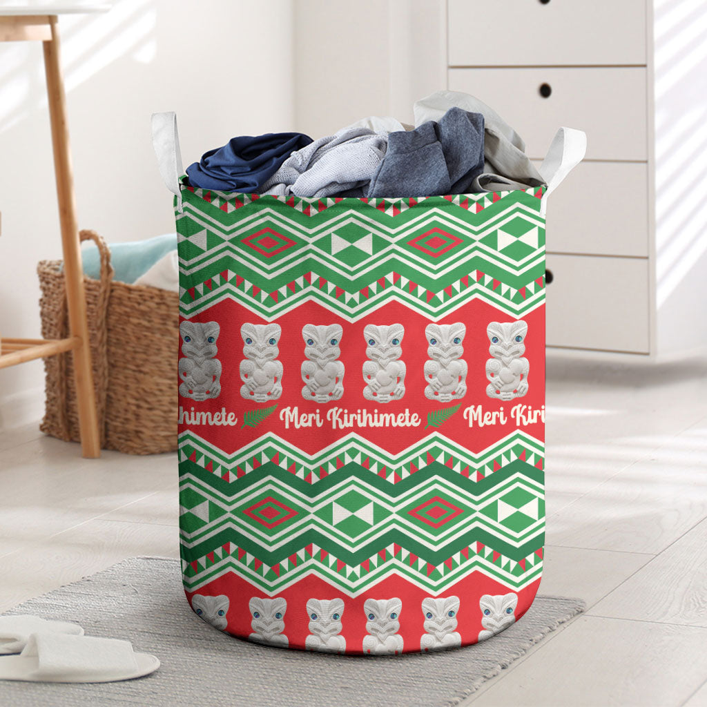New Zealand Christmas In July Laundry Basket Meri Kirihimete Hei Tiki Taniko Motifs Seamless
