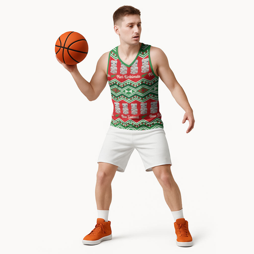 New Zealand Christmas In July Basketball Jersey Meri Kirihimete Hei Tiki Taniko Motifs Seamless