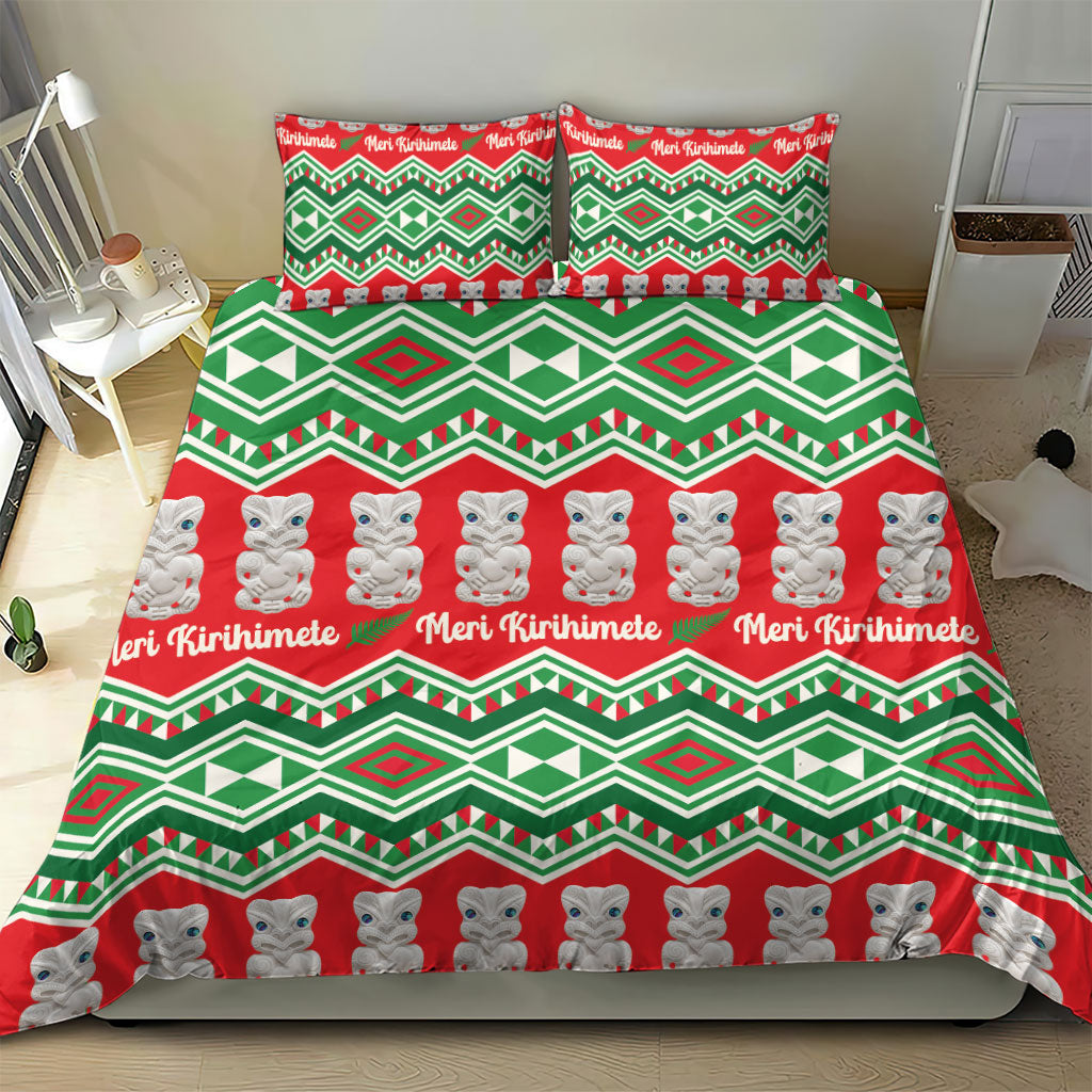 New Zealand Christmas In July Bedding Set Meri Kirihimete Hei Tiki Taniko Motifs Seamless