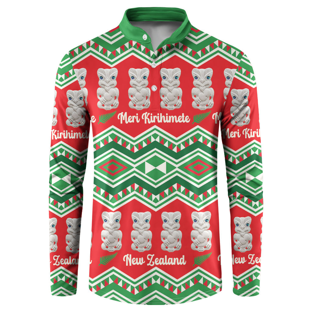 New Zealand Christmas In July Button Sweatshirt Meri Kirihimete Hei Tiki Taniko Motifs Seamless