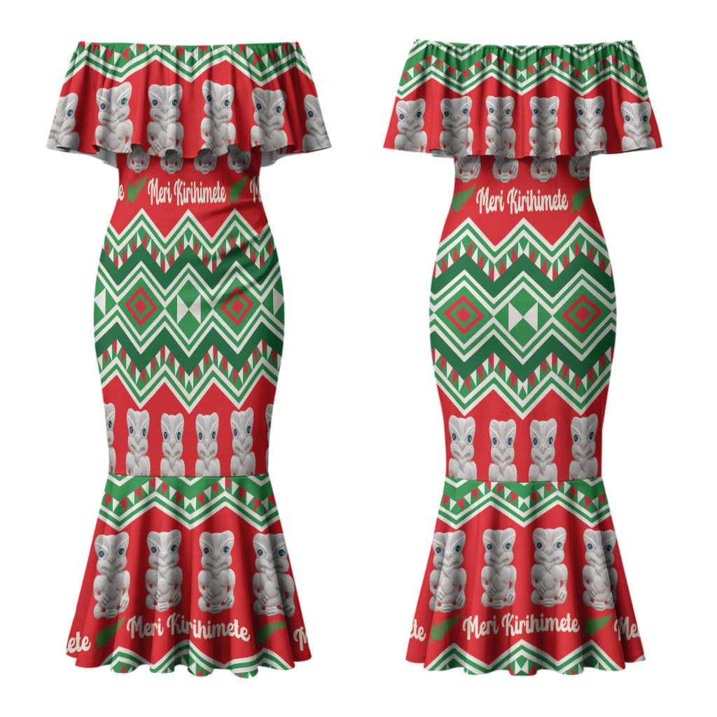 New Zealand Christmas In July Couples Matching Mermaid Dress and Long Sleeve Button Shirt Meri Kirihimete Hei Tiki Taniko Motifs Seamless LT14 - Polynesian Pride