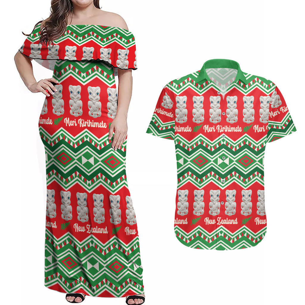 New Zealand Christmas In July Couples Matching Off Shoulder Maxi Dress and Hawaiian Shirt Meri Kirihimete Hei Tiki Taniko Motifs Seamless LT14 Red - Polynesian Pride