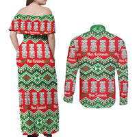 New Zealand Christmas In July Couples Matching Off Shoulder Maxi Dress and Long Sleeve Button Shirt Meri Kirihimete Hei Tiki Taniko Motifs Seamless
